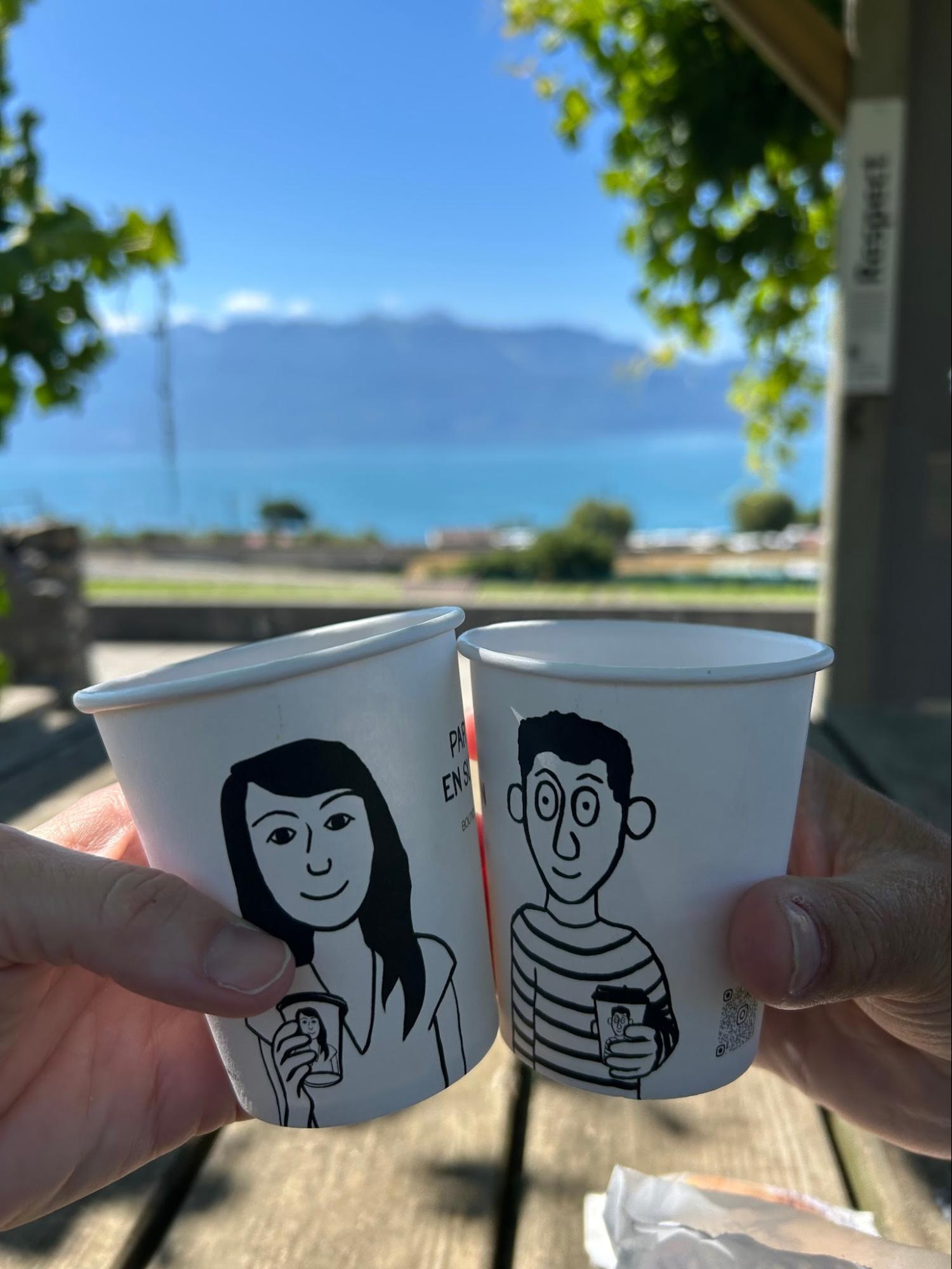 Coffee cups overlooking Lake Geneva, Switzerland, Molly's Maps travel guide